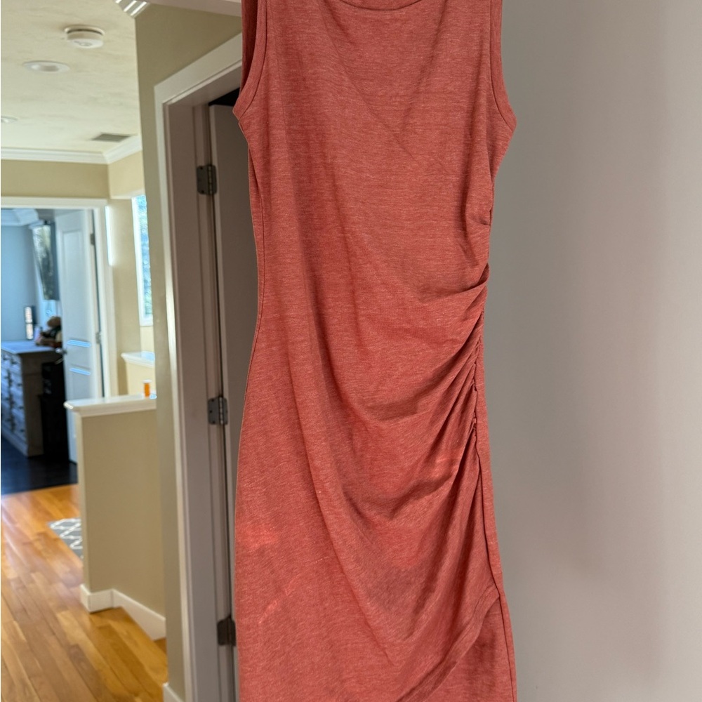 Leith Orange Asymmetrical Ruched Midi Dress